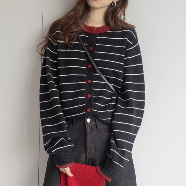 Beaustreet-Striped Button-Up Cardigan
