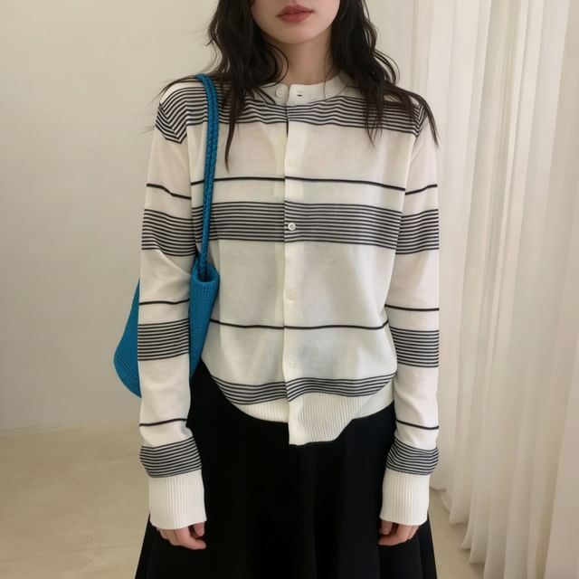 Beaustreet-Striped Button-Up Cardigan