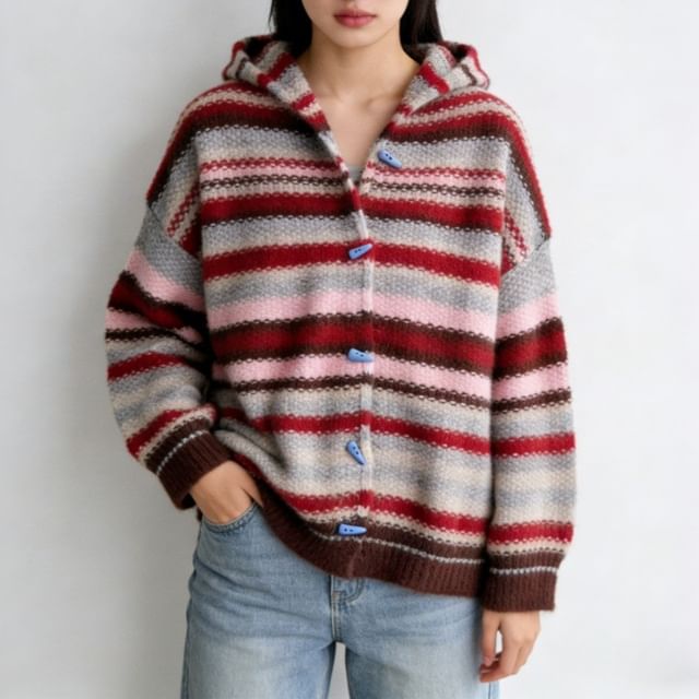 Beaustreet-Striped Hooded Button-Up Cardigan