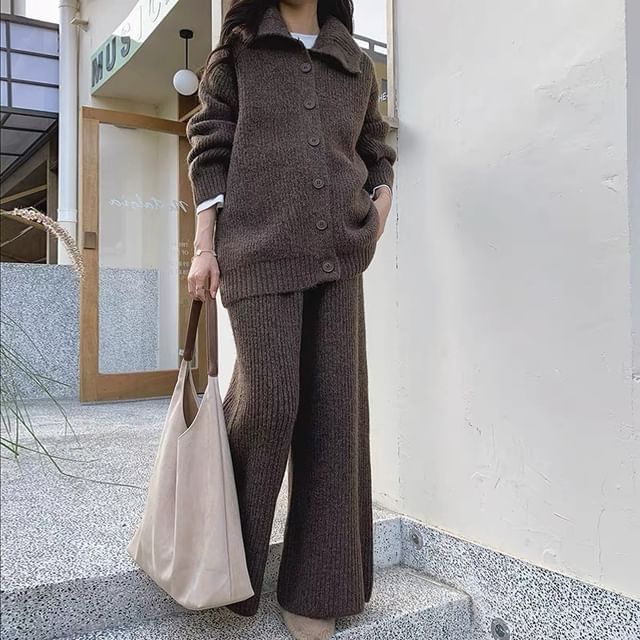 Beaustreet-Turtleneck Plain Button Up Cardigan Wide Leg Pants