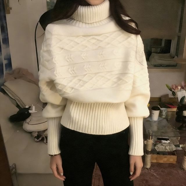 Beaustreet-Turtleneck Plain Cable Knit Sweater