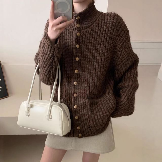 Beaustreet-Turtleneck Plain Ribbed Knit Cardigan