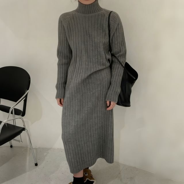 Beaustreet-Turtleneck Plain Ribbed Midi Sweater Dress