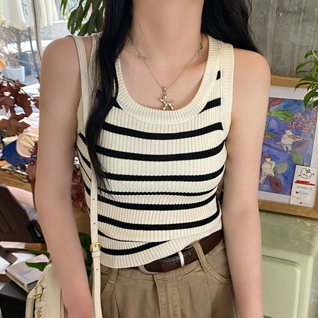 Beaustreet-U-Neck Striped Knit Tank Top