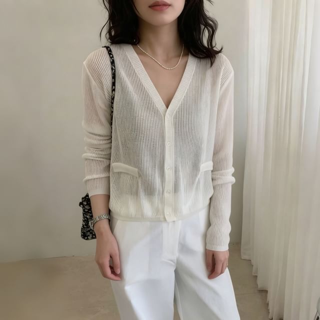 Beaustreet-V-Neck Button-Up Plain Sheer Crop Cardigan