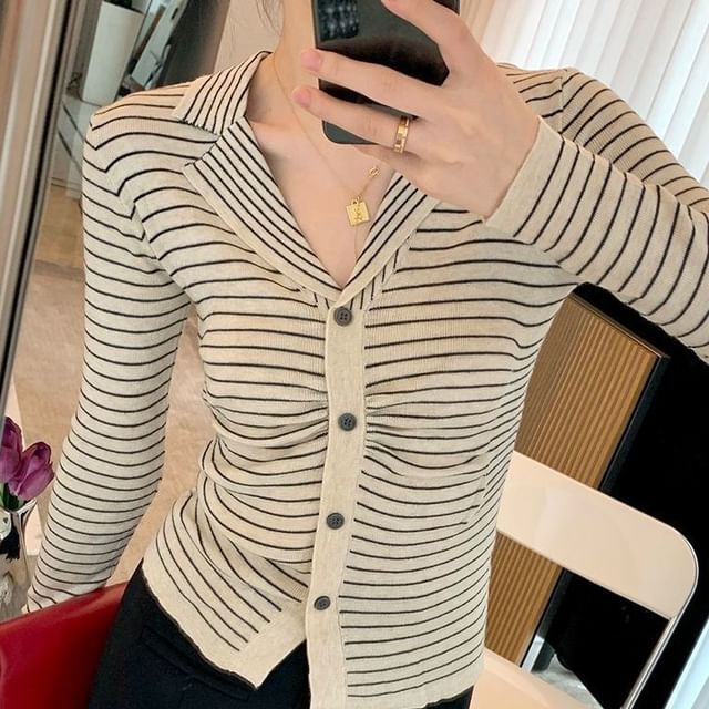 Beaustreet-V-Neck Collared Striped Button-Up Jacket