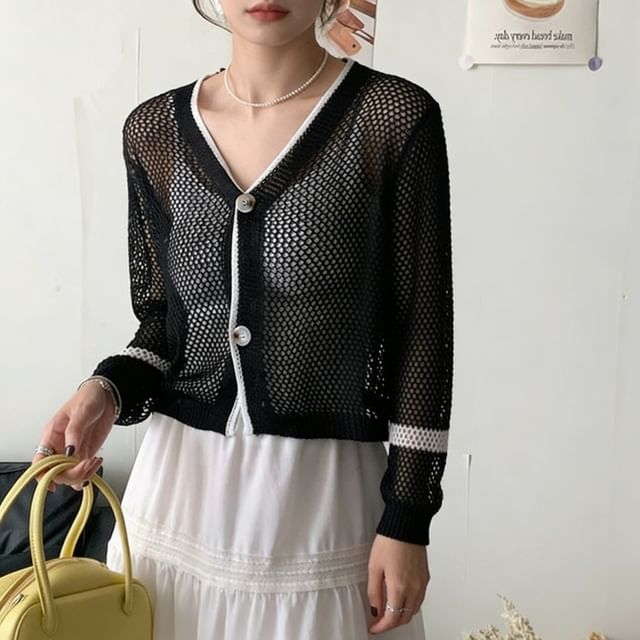 Beaustreet-V-Neck Contrast Trim Mesh Button Up Cardigan