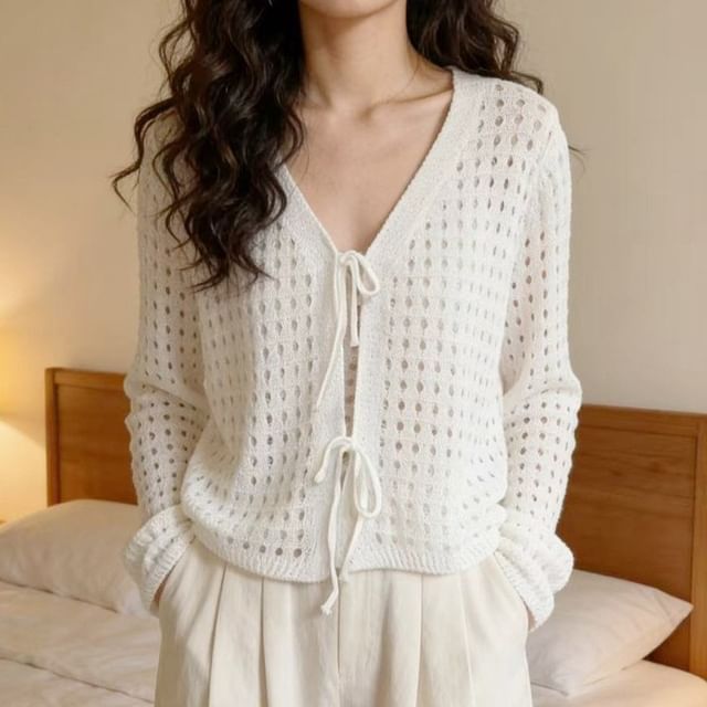 Beaustreet-V-Neck Crochet Plain Crop Cardigan
