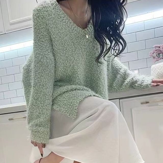 Beaustreet-V-Neck Furry Plain Sweater