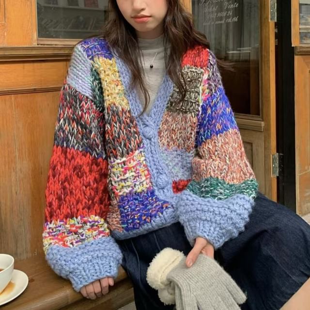 Beaustreet-V-Neck Plaid Button Up Cable Knit Cardigan