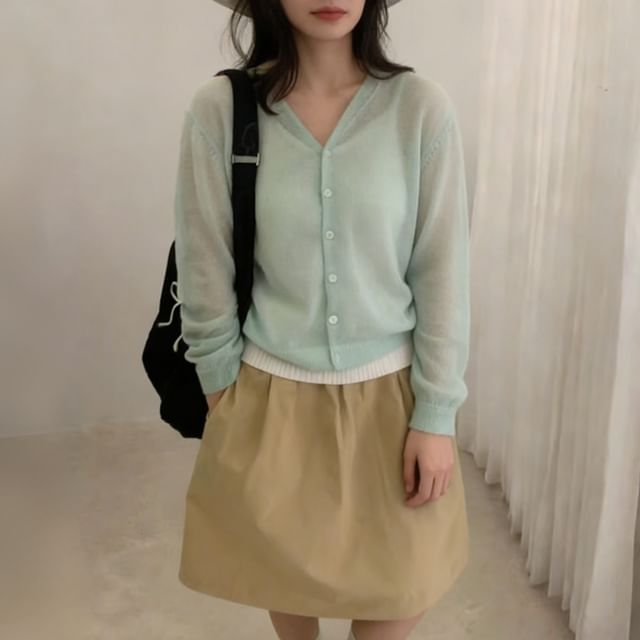 Beaustreet-V-Neck Plain Button-Up Cardigan
