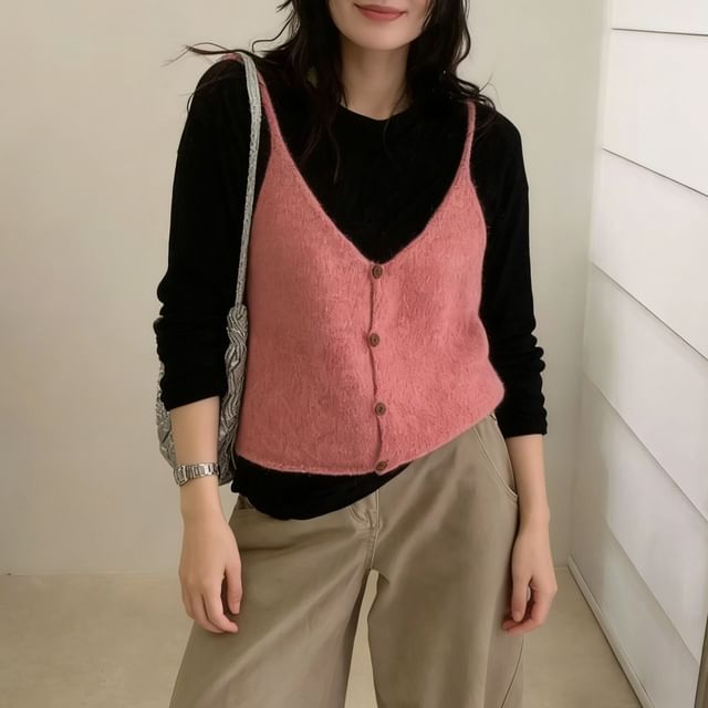 Beaustreet-V-Neck Plain Button-Up Crop Knit Camisole Top