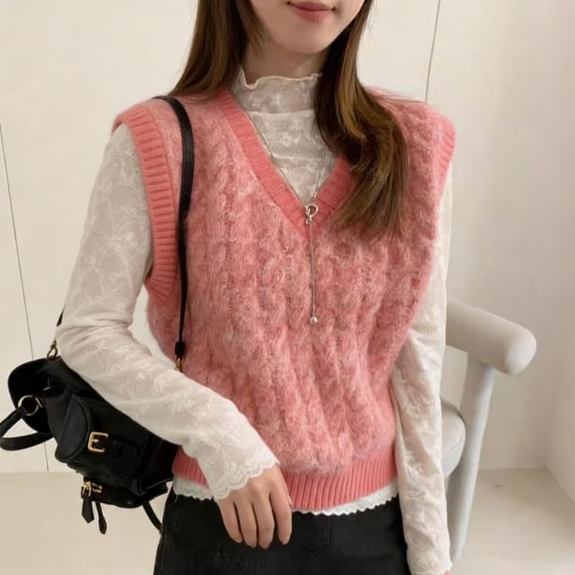 Beaustreet-V-Neck Plain Fluffy Sweater Vest