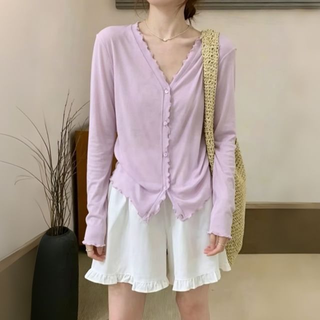 Beaustreet-V-Neck Plain Lettuce Edge Cardigan