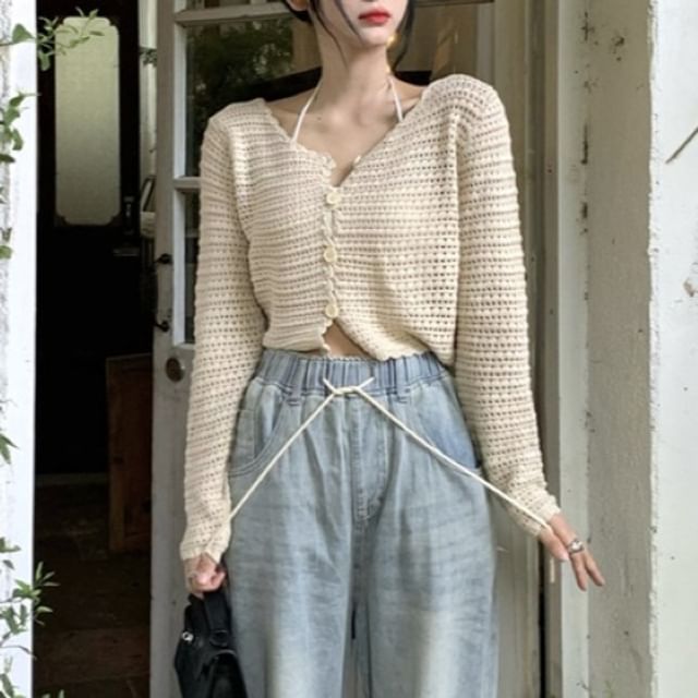 Beaustreet-V-Neck Plain Pointelle Button Up Crop Cardigan