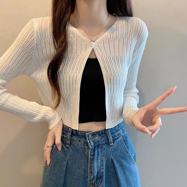 Beaustreet-V-Neck Plain Ribbed Knit Single Button Cardigan