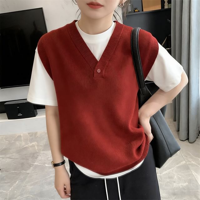 Beaustreet-V-Neck Plain Sweater Vest