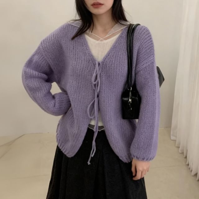 Beaustreet-V-Neck Plain Tie-Front Cardigan