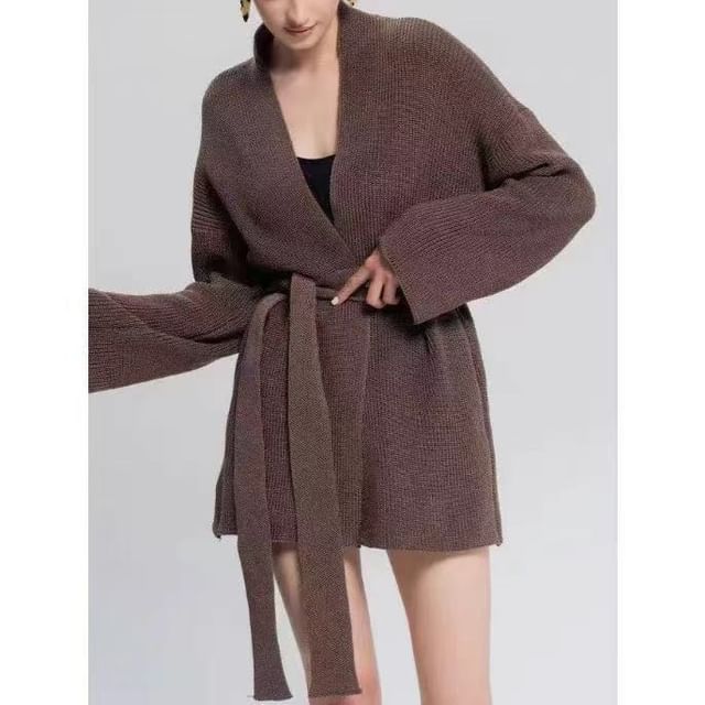 Beaustreet-V-Neck Plain Tie Waist Cardigan