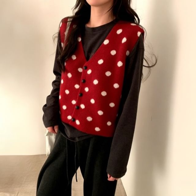 Beaustreet-V-Neck Polka Dot Button-Up Sweater Vest