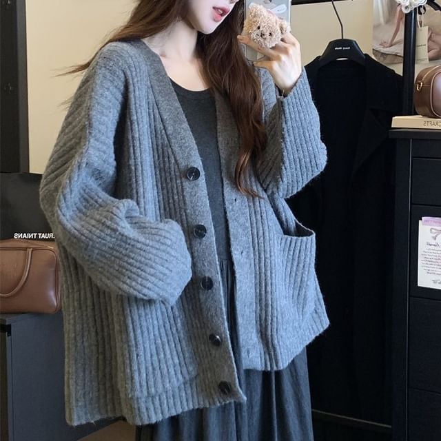 Beaustreet-V-Neck Ribbed Plain Cardigan