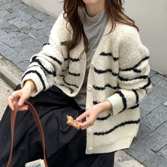Beaustreet-V-Neck Striped Button Up Cardigan