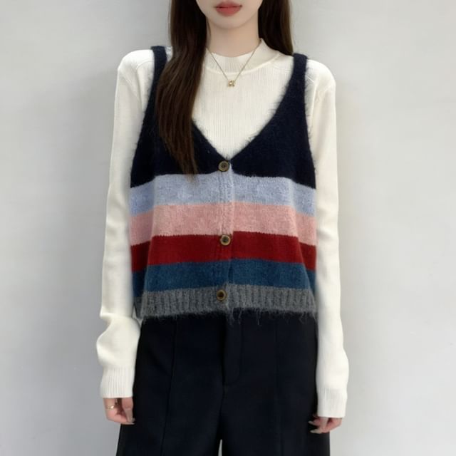 Beaustreet-V-Neck Striped Button-Up Knit Camisole Top