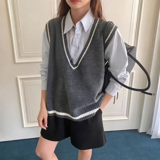 Beaustreet-V-Neck Striped Sweater Vest