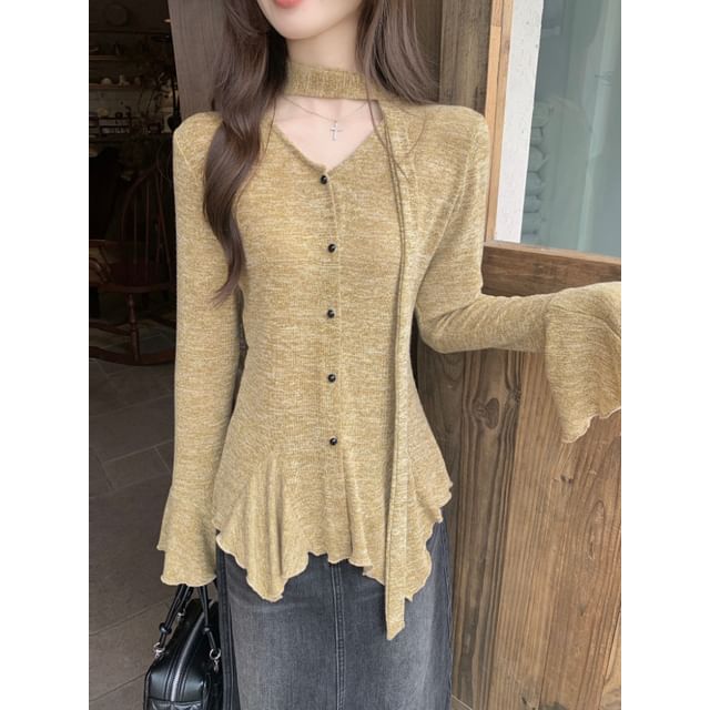 Beem-Bell Sleeve V-Neck Plain Button Top