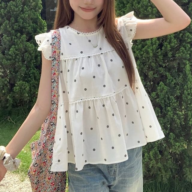 Beem-Cap-Sleeve Crew Neck Polka Dot Lace Trim Blouse