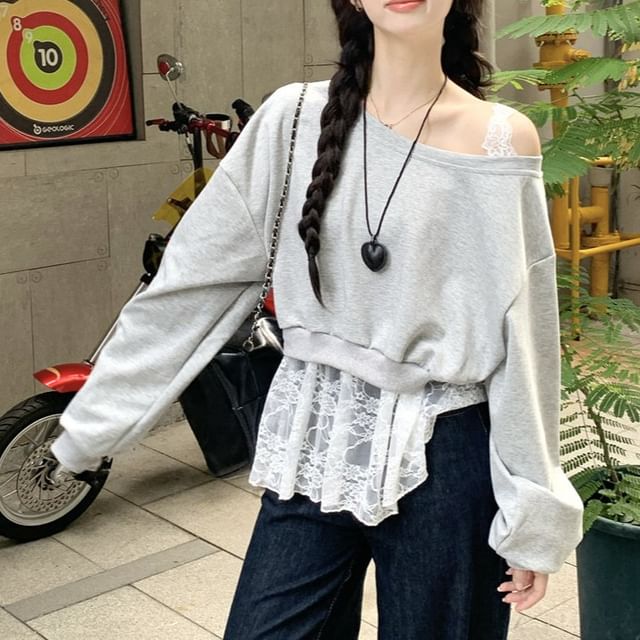 Beem-Cold Shoulder Mock Two Piece Panel Lace Sweatshirt