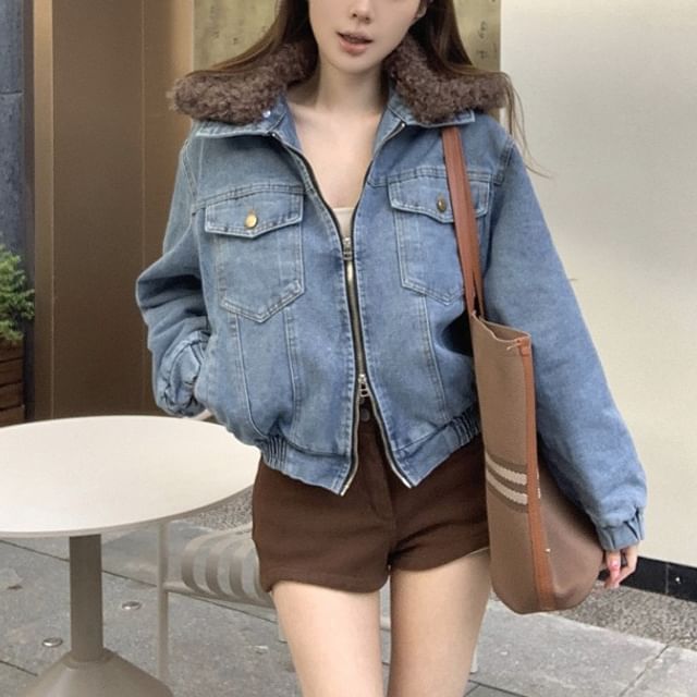Beem-Collared Denim Zip-Up Crop Jacket