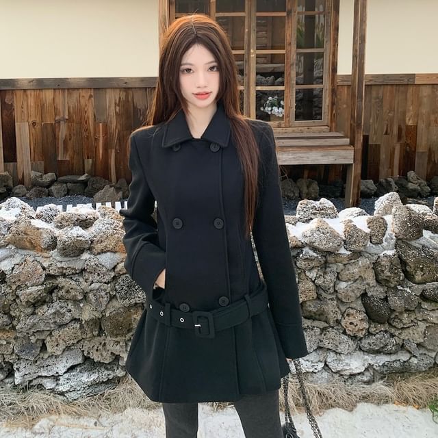 Beem-Collared Double Breasted Plain Coat