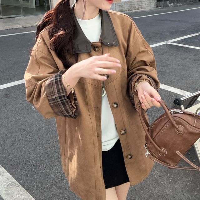 Beem-Collared Drop Shoulder Plain Button Up Barn Jacket