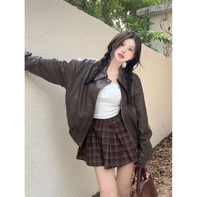 Beem-Collared Faux Leather Zip-Up Jacket
