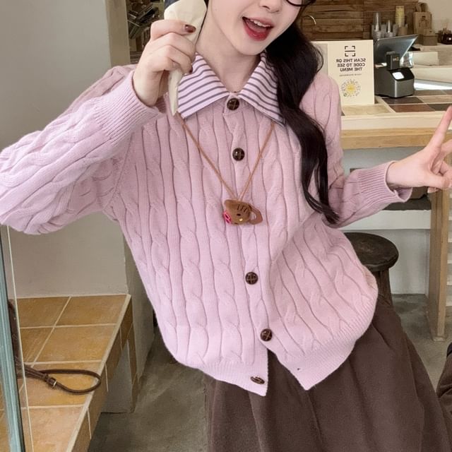 Beem-Collared Mock Two Piece Cable Knit Cardigan