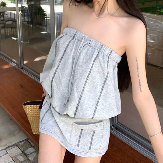 Beem-Contrast Stitch Drawstring Mini A-Line Tube Dress