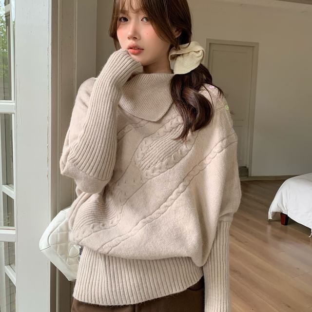 Beem-Cowl Neck Cable Knit Plain Sweater