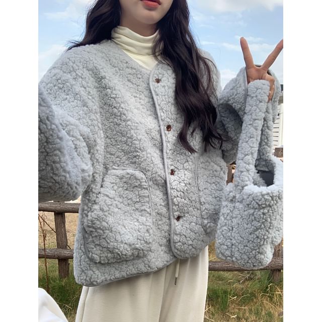 Beem-Crew Neck Button-Up Plain Fleece Jacket Bucket Bag