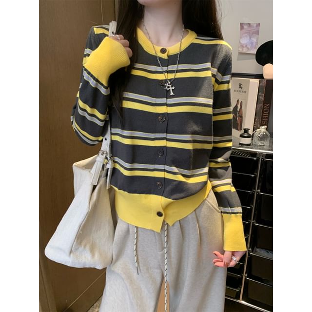 Beem-Crew Neck Striped Cardigan