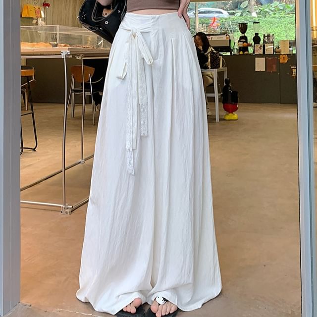 Beem-High Waist Lace Panel Wide Leg Pants