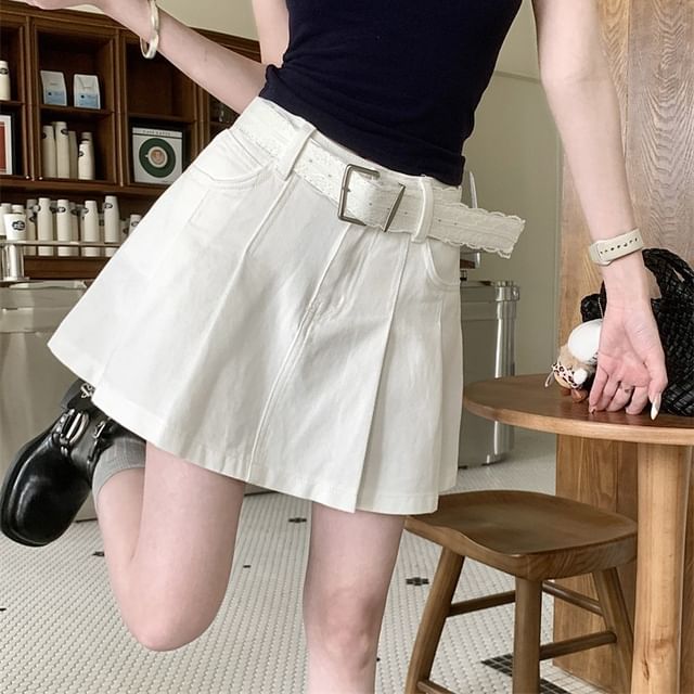 Beem-High Waist Plain Denim Mini A-Line Skirt