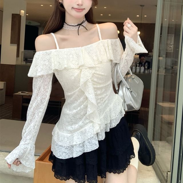 Beem-Long Sleeve Cold Shoulder Plain Ruffle Asymmetrical Lace Blouse