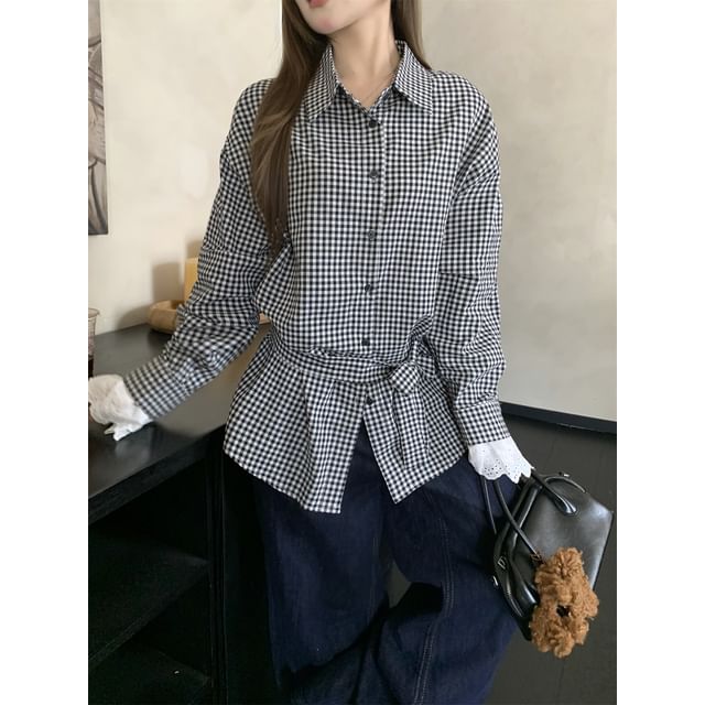 Beem-Long-Sleeve Collared Gingham Lace Panel Tie Waist Button-Up Blouse