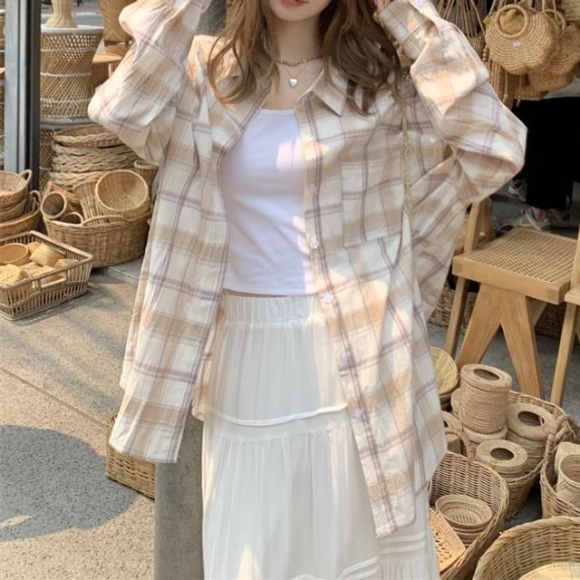 Beem-Long-Sleeve Collared Plaid Button Up Shirt