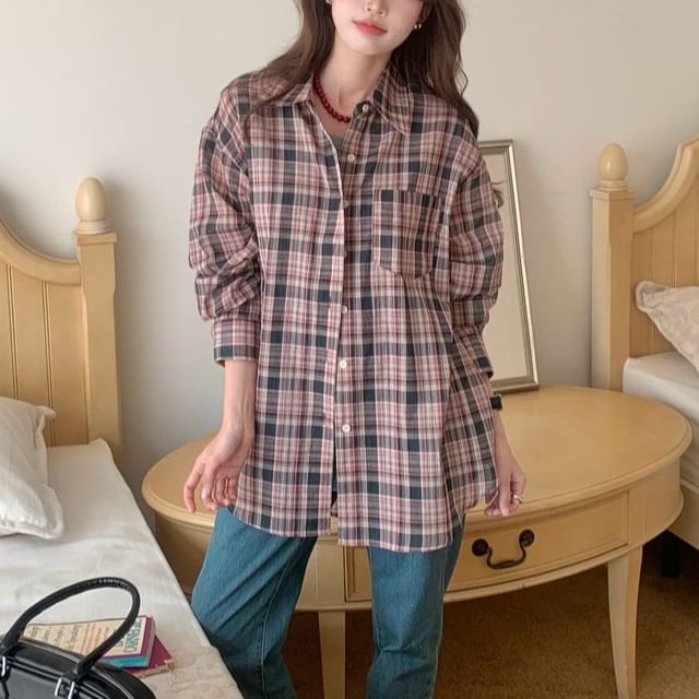 Beem-Long Sleeve Collared Plaid Shirt