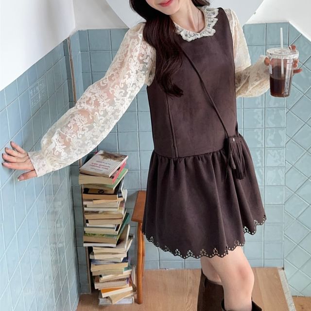 Beem-Long Sleeve Collared Plain Lace Blouse Plain Cutout Mini A-Line Overall Dress