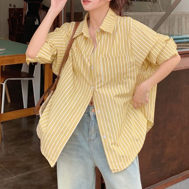 Beem-Long-Sleeve Collared Striped Button Up Shirt
