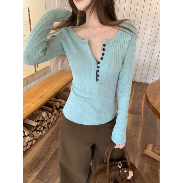 Beem-Long Sleeve Henley Plain Cable Knit Top