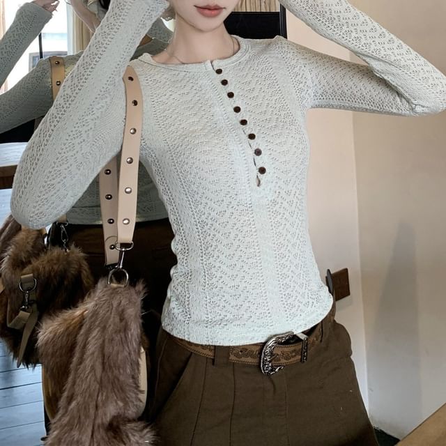 Beem-Long Sleeve Henley Plain Pointelle Top
